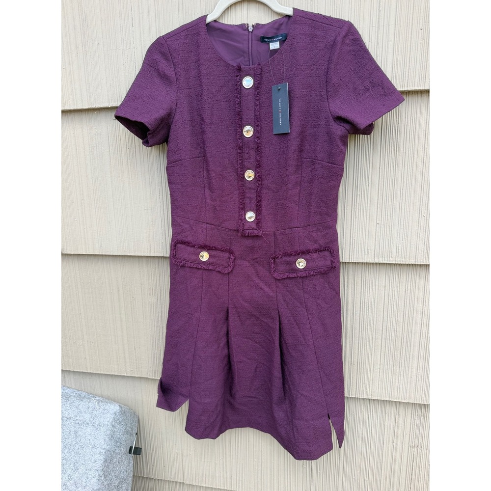 tommy hilfiger tweed dress 4 nwt gold button purple fringe work sheath preppy - Picture 9 of 9